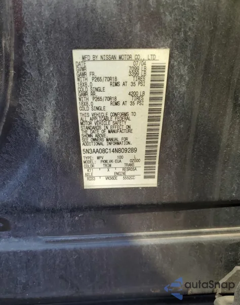 2004 Infiniti Qx56 from USA, damaged, VIN 5N3AA08C14N809289